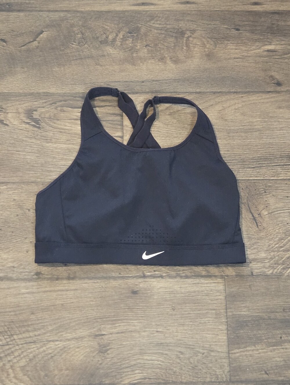 Nike Black Cross-Strap Medium Support Sports Bra with White Swoosh